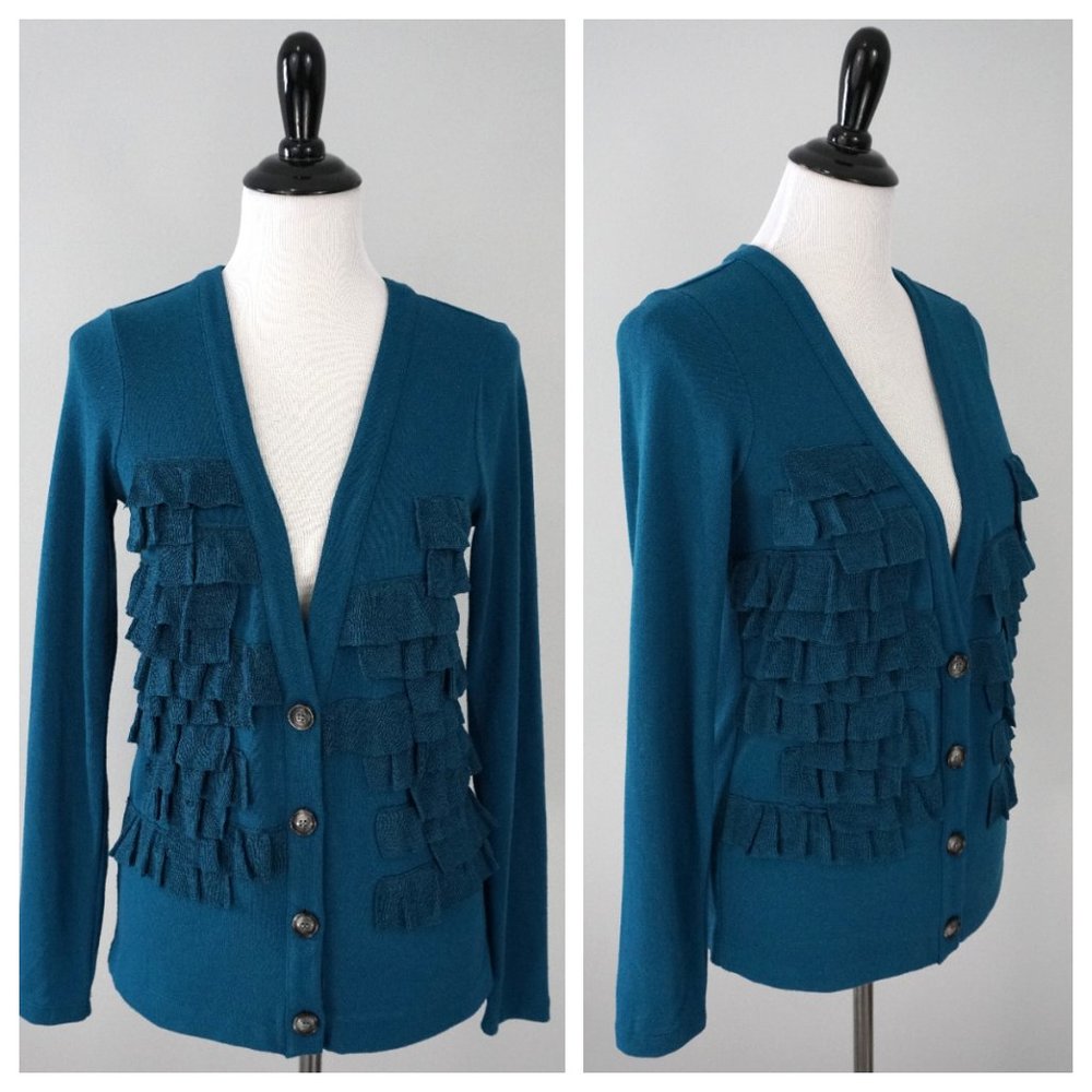 ANN TAYLOR Blue Tiered 4 Button Knit Cardigan Sweater Size XS